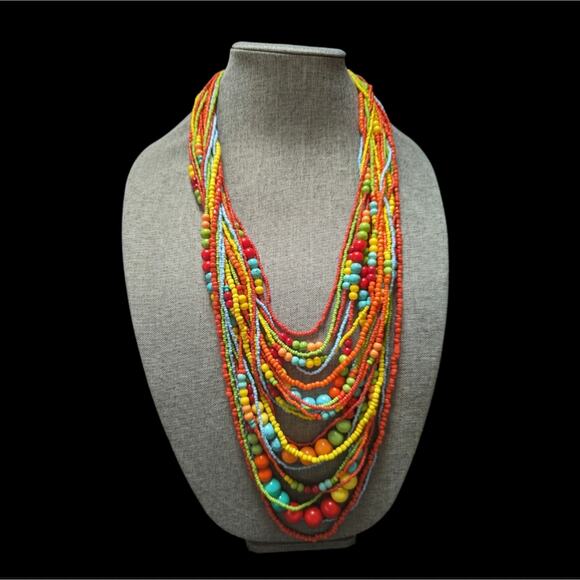 Vincero Graduated Layered Multi Color Seed Bead Boho Hippie Long Necklace 32" - Picture 1 of 5